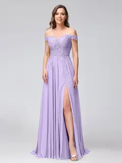 A-Line/Princess Off-the-Shoulder Sleeveless Long Bridesmaid Dresses with Side Slit & Appliqued — view 14