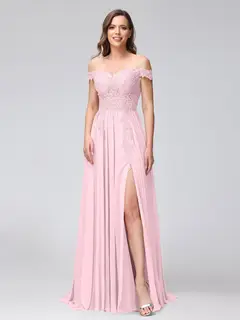 A-Line/Princess Off-the-Shoulder Sleeveless Long Bridesmaid Dresses with Side Slit & Appliqued — view 25