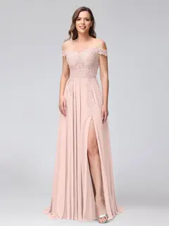 A-Line/Princess Off-the-Shoulder Sleeveless Long Bridesmaid Dresses with Side Slit & Appliqued — view 26