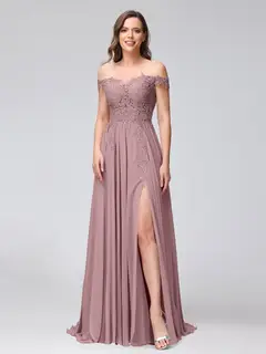 A-Line/Princess Off-the-Shoulder Sleeveless Long Bridesmaid Dresses with Side Slit & Appliqued — view 30