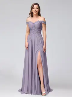 A-Line/Princess Off-the-Shoulder Sleeveless Long Bridesmaid Dresses with Side Slit & Appliqued — view 38