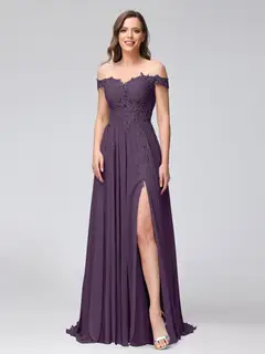 A-Line/Princess Off-the-Shoulder Sleeveless Long Bridesmaid Dresses with Side Slit & Appliqued — view 45