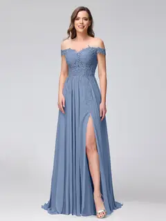 A-Line/Princess Off-the-Shoulder Sleeveless Long Bridesmaid Dresses with Side Slit & Appliqued — view 50