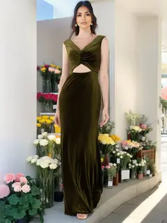 A-Line/Princess V-Neck Sleeveless Floor-Length Velvet Unique Bridesmaid Dresses with Ruffles — view 1
