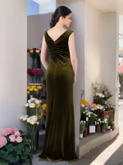 A-Line/Princess V-Neck Sleeveless Floor-Length Velvet Unique Bridesmaid Dresses with Ruffles — view 2