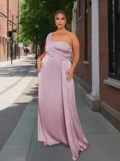 A-Line/Princess One-Shoulder Sleeveless Floor-Length Satin Plus Size Bridesmaid Dress With Watteau Train — view 1