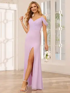 Sheath/Column Spaghetti Straps Off-the-Shoulder Floor-Length Bridesmaid Dresses with Split Side — view 1