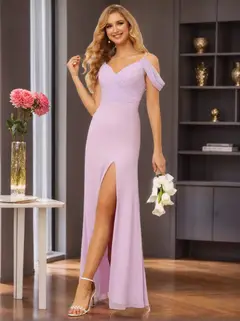 Sheath/Column Spaghetti Straps Off-the-Shoulder Floor-Length Bridesmaid Dresses with Split Side — view 7