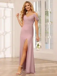 Sheath/Column Spaghetti Straps Off-the-Shoulder Floor-Length Bridesmaid Dresses with Split Side — view 31