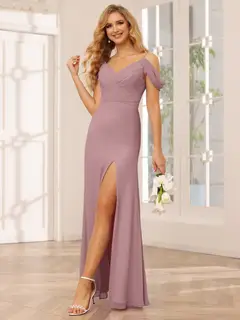 Sheath/Column Spaghetti Straps Off-the-Shoulder Floor-Length Bridesmaid Dresses with Split Side — view 32