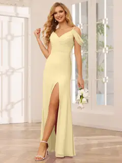 Sheath/Column Spaghetti Straps Off-the-Shoulder Floor-Length Bridesmaid Dresses with Split Side — view 69