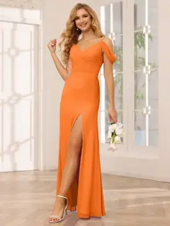 Sheath/Column Spaghetti Straps Off-the-Shoulder Floor-Length Bridesmaid Dresses with Split Side — view 73