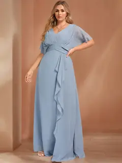 A-Line/Princess V-Neck Half Sleeves Floor-Length Chiffon Plus Size Bridesmaid Dresses with Ruffles — view 1