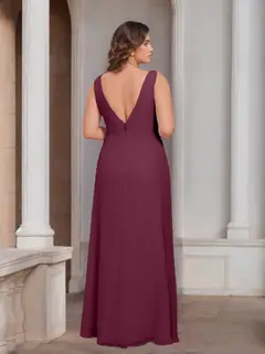 A-Line/Princess V-Neck Sleeveless Chiffon Plus Size Bridesmaid Dresses with Ruffles & Split Side — view 2
