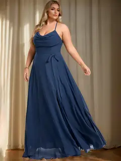 A-Line/Princess Cowl Neck Sleeveless Floor-Length Plus Size Bridesmaid Dresses With Ruffles — view 1