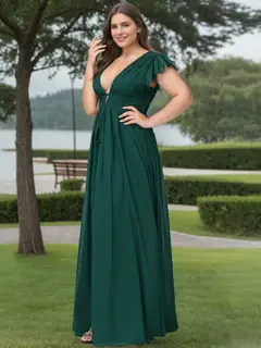 A-Line/Princess Deep V-Neck Short Sleeves Floor-Length Plus Size Bridesmaid Dresses with Split Side — view 1