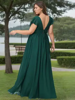 A-Line/Princess Deep V-Neck Short Sleeves Floor-Length Plus Size Bridesmaid Dresses with Split Side — view 2