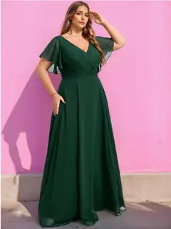 A-Line/Princess V-Neck Short Sleeves Floor-Length Plus Size Chiffon Bridesmaid Dresses With Split Side — view 1