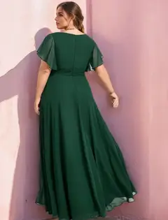 A-Line/Princess V-Neck Short Sleeves Floor-Length Plus Size Chiffon Bridesmaid Dresses With Split Side — view 2