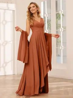 A-Line/Princess V-Neck Sleeveless Floor-Length Asymmetrical Bridesmaid Dresses with Ruffles — view 2