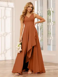 A-Line/Princess V-Neck Sleeveless Floor-Length Asymmetrical Bridesmaid Dresses with Ruffles — view 4
