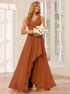 A-Line/Princess V-Neck Sleeveless Floor-Length Asymmetrical Bridesmaid Dresses with Ruffles — view 5