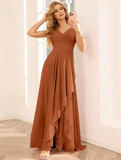 A-Line/Princess V-Neck Sleeveless Floor-Length Asymmetrical Bridesmaid Dresses with Ruffles — view 6