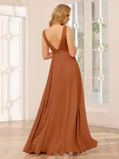 A-Line/Princess V-Neck Sleeveless Floor-Length Asymmetrical Bridesmaid Dresses with Ruffles — view 7
