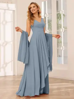 A-Line/Princess V-Neck Sleeveless Floor-Length Asymmetrical Bridesmaid Dresses with Ruffles — view 9