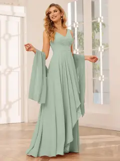 A-Line/Princess V-Neck Sleeveless Floor-Length Asymmetrical Bridesmaid Dresses with Ruffles — view 10