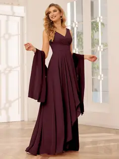 A-Line/Princess V-Neck Sleeveless Floor-Length Asymmetrical Bridesmaid Dresses with Ruffles — view 12