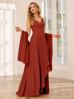 A-Line/Princess V-Neck Sleeveless Floor-Length Asymmetrical Bridesmaid Dresses with Ruffles — view 13
