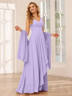 A-Line/Princess V-Neck Sleeveless Floor-Length Asymmetrical Bridesmaid Dresses with Ruffles — view 14