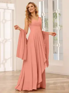 A-Line/Princess V-Neck Sleeveless Floor-Length Asymmetrical Bridesmaid Dresses with Ruffles — view 15