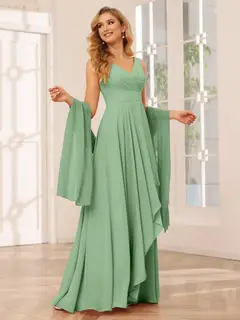 A-Line/Princess V-Neck Sleeveless Floor-Length Asymmetrical Bridesmaid Dresses with Ruffles — view 16