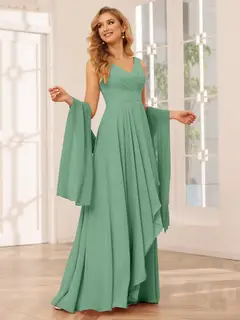 A-Line/Princess V-Neck Sleeveless Floor-Length Asymmetrical Bridesmaid Dresses with Ruffles — view 17