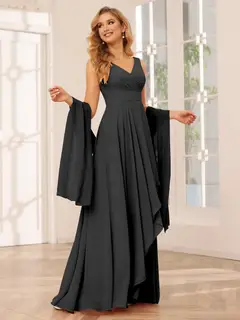 A-Line/Princess V-Neck Sleeveless Floor-Length Asymmetrical Bridesmaid Dresses with Ruffles — view 18