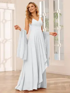 A-Line/Princess V-Neck Sleeveless Floor-Length Asymmetrical Bridesmaid Dresses with Ruffles — view 19