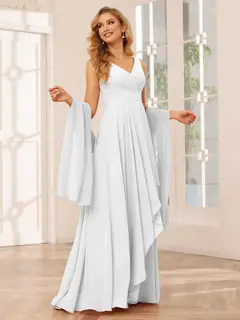 A-Line/Princess V-Neck Sleeveless Floor-Length Asymmetrical Bridesmaid Dresses with Ruffles — view 20