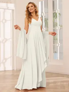 A-Line/Princess V-Neck Sleeveless Floor-Length Asymmetrical Bridesmaid Dresses with Ruffles — view 21