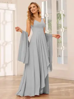 A-Line/Princess V-Neck Sleeveless Floor-Length Asymmetrical Bridesmaid Dresses with Ruffles — view 22