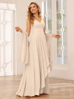 A-Line/Princess V-Neck Sleeveless Floor-Length Asymmetrical Bridesmaid Dresses with Ruffles — view 23