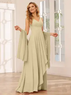 A-Line/Princess V-Neck Sleeveless Floor-Length Asymmetrical Bridesmaid Dresses with Ruffles — view 24