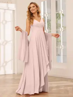 A-Line/Princess V-Neck Sleeveless Floor-Length Asymmetrical Bridesmaid Dresses with Ruffles — view 26