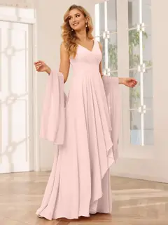 A-Line/Princess V-Neck Sleeveless Floor-Length Asymmetrical Bridesmaid Dresses with Ruffles — view 27