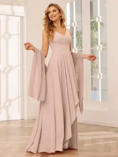 A-Line/Princess V-Neck Sleeveless Floor-Length Asymmetrical Bridesmaid Dresses with Ruffles — view 28