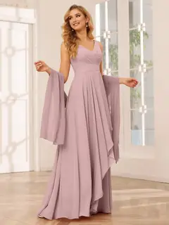 A-Line/Princess V-Neck Sleeveless Floor-Length Asymmetrical Bridesmaid Dresses with Ruffles — view 30
