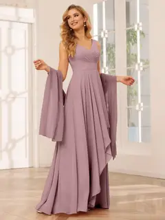 A-Line/Princess V-Neck Sleeveless Floor-Length Asymmetrical Bridesmaid Dresses with Ruffles — view 31