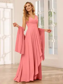 A-Line/Princess V-Neck Sleeveless Floor-Length Asymmetrical Bridesmaid Dresses with Ruffles — view 32