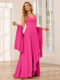 A-Line/Princess V-Neck Sleeveless Floor-Length Asymmetrical Bridesmaid Dresses with Ruffles — view 33